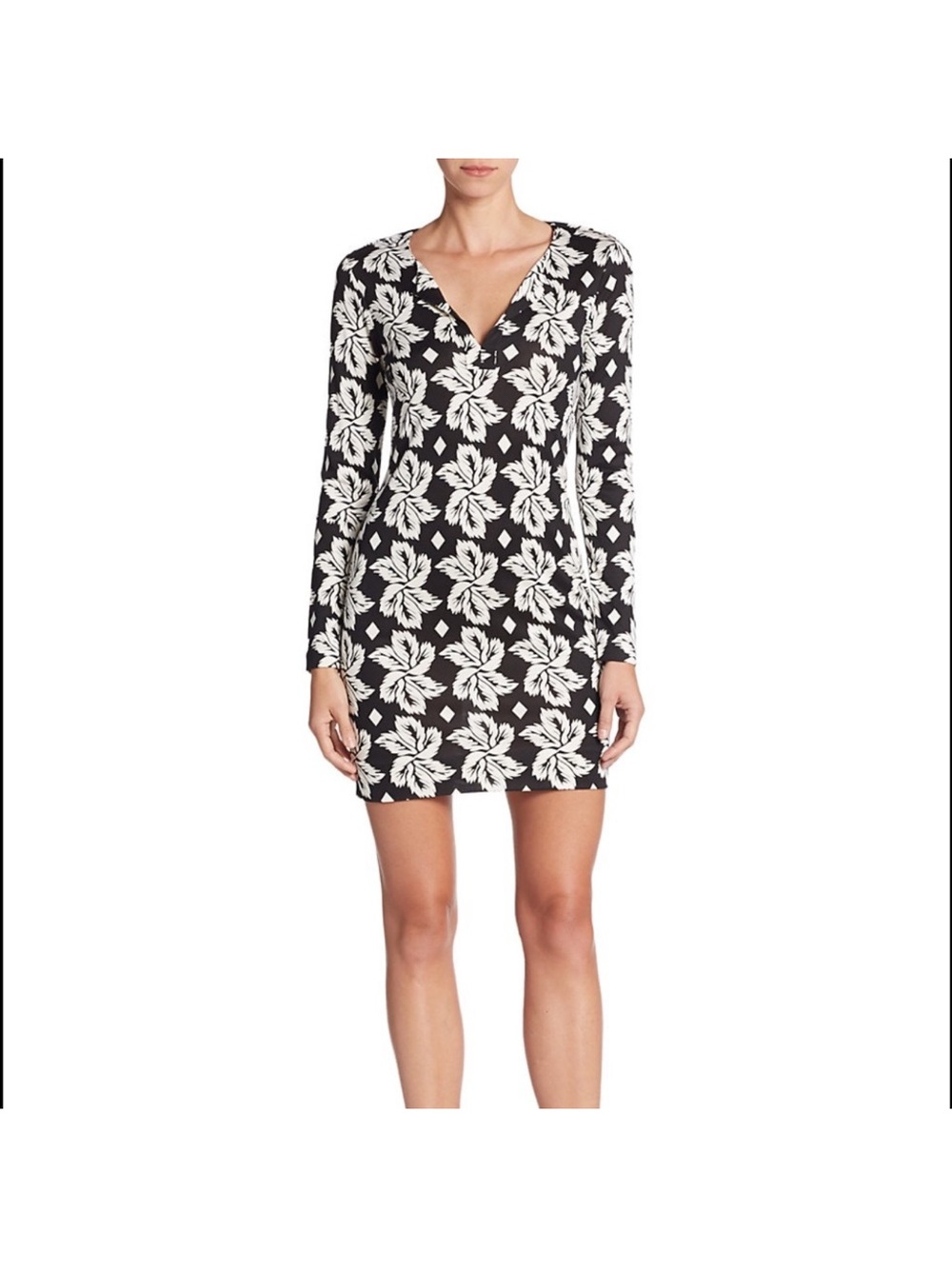 Diane Von Furstenberg Reina Black and White Floral V-Neck Midi Dress